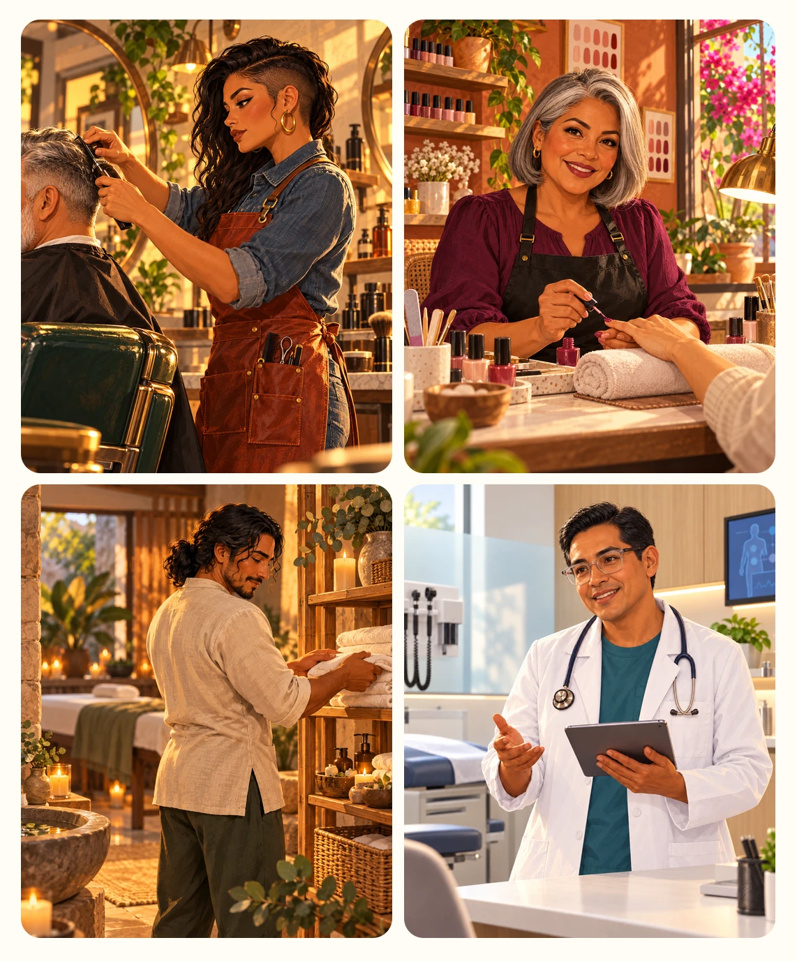 Mosaico ilustrado de una barbería, salón de belleza, spa y consultorio
