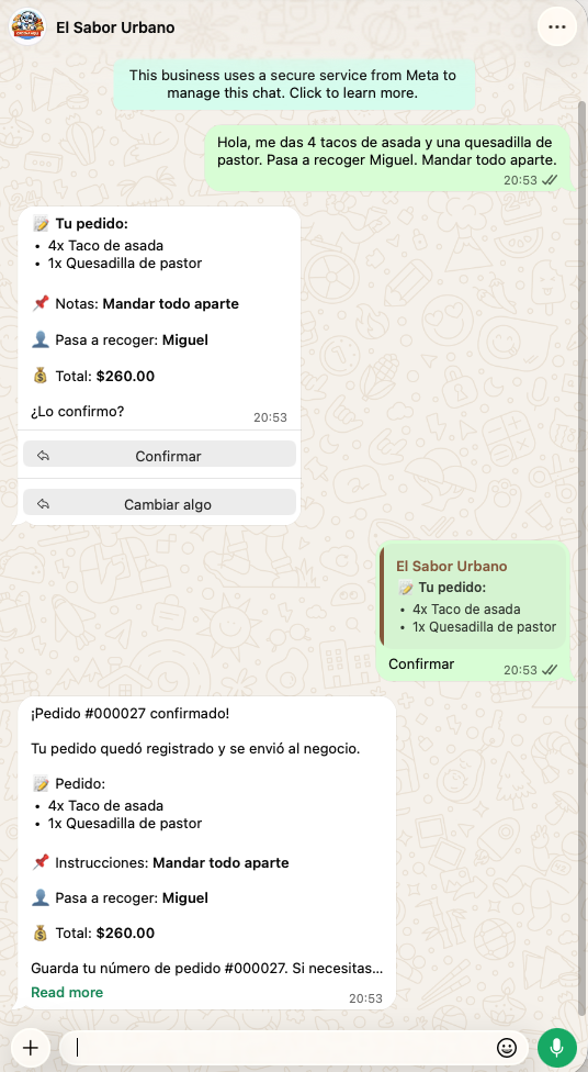 Conversación de pedido libre en WhatsApp con resumen y confirmación