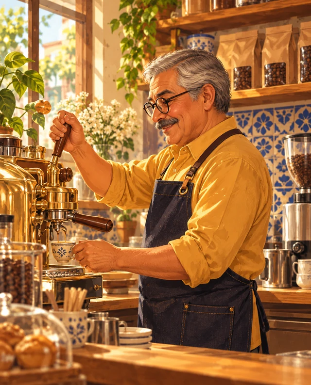 Ilustración de una cafetería sirviendo café y pan